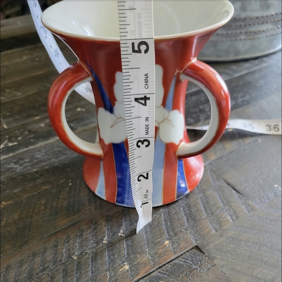 Koransha co. signed orchid mark 1930s Japanese Fukagawa Triple 3 Tri Handle Vase - Picture 2 of 9